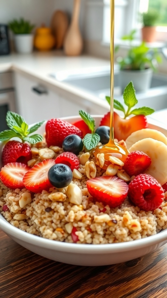 A healthy quinoa breakfast bowl with berries, banana, nuts, and honey, set in a bright kitchen.